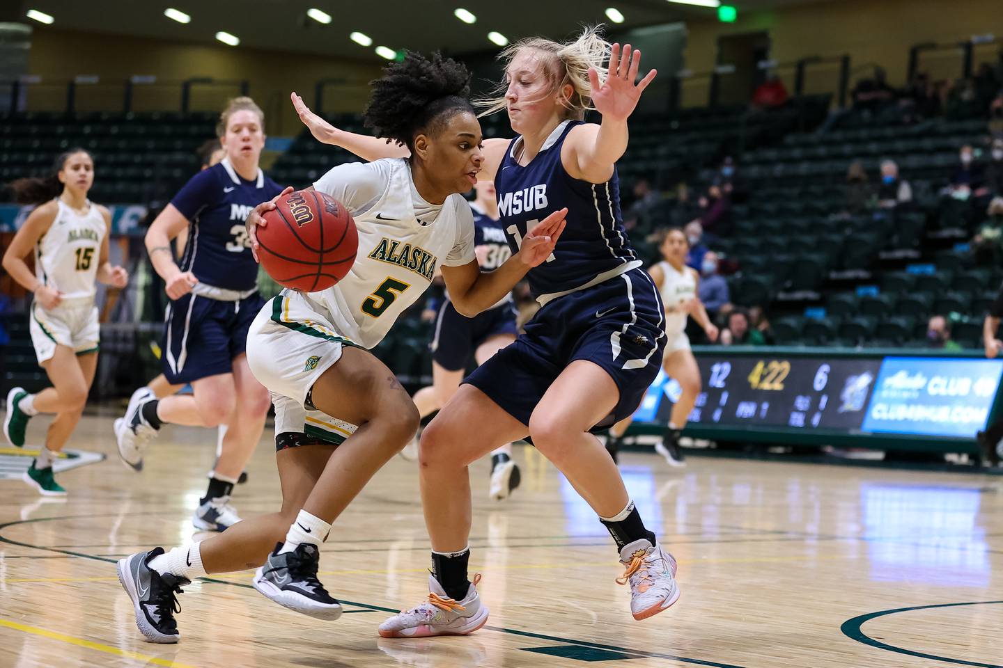 UAA's Jazzpher Evans drives to the basket in a game against Montana State University-Billings
