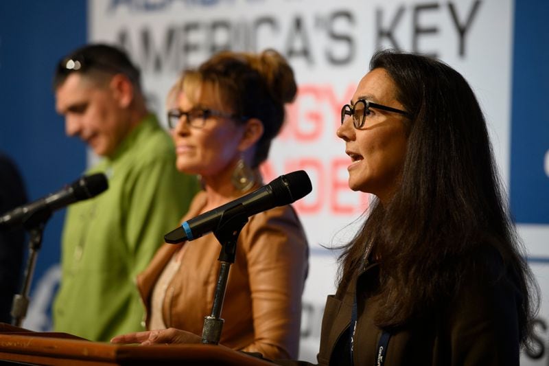 Mary Peltola, right, answers a question during a U.S. House candidate forum at the Alaska Oil and Gas Association annual conference, held at the Dena’ina Center in Anchorage on Wednesday. (Marc Lester / ADN)