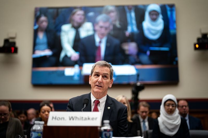 Michael Whitaker, administrator of the Federal Aviation Administration, testifies before House members on Feb. 6 in Washington. (Kent Nishimura for The Washington Post.)