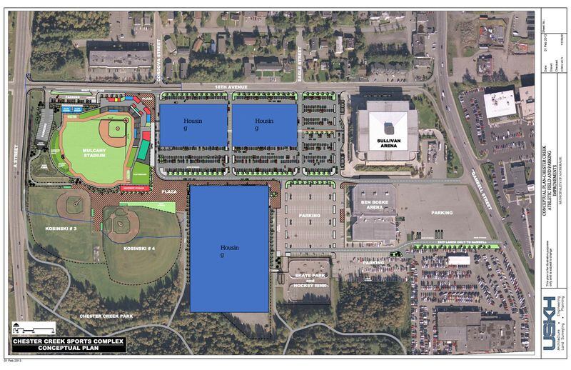 This image showing a conceptual plan to relocate and rebuild Mulcahy Stadium and open up land for residential development, one of several proposals being pitched by the Alliance for the Support of American Legion Baseball in Anchorage, was included in a slideshow presentation from the group. (Image courtesy the Alliance for the Support of American Legion Baseball in Anchorage)