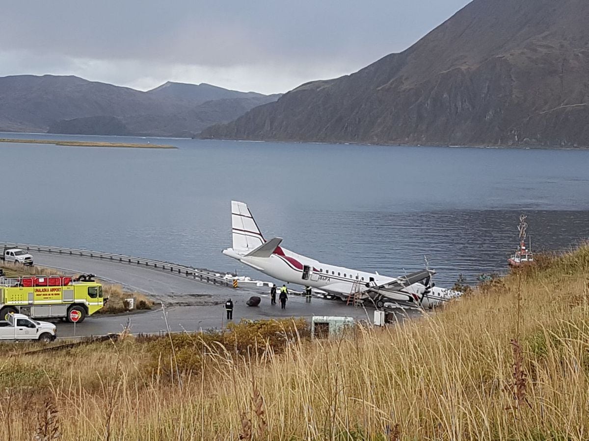 A Penair plane that flew from Anchorage to Dutch Harbor, pictured off the runway at the Unalaska-Dutch Harbor airport on Thursday, Oct. 17, 2019. (Jennifer Wynn)