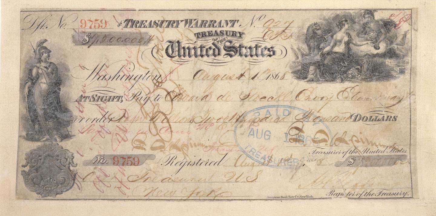 The United States check for $7,200,000 to buy Alaska from Russia in 1867.