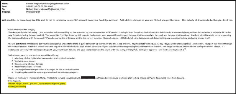 This screenshot of an email exchange between Forrest Wright and Nathan Keays, included in a 2020 federal criminal complaint, shows the two men discussing how to create fraudulent emails representing Keays' spray foam insulation company as an oil and gas company in order to do business with ConocoPhillips, prosecutors allege. 