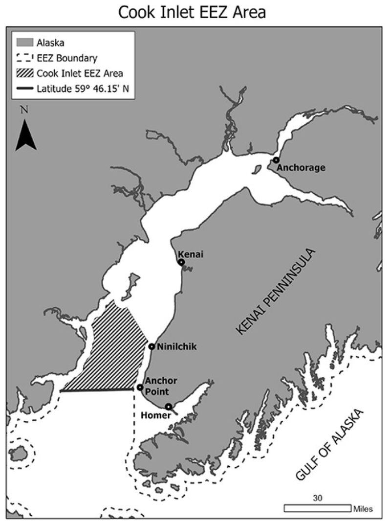 A map shows the federally controlled exclusive economic zone in Cook Inlet, the area of the inlet where the federal government is now managing salmon fishing after decades of state management across all of Cook Inlet. (Map provided by National Oceanic and Atmospheric Administration/National Marine Fisheries Service)