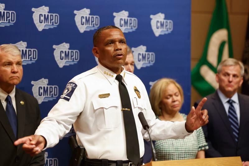 Charlotte-Mecklenburg Police Chief Johnny Jennings speaks at a press conference in Charlotte, N.C., Tuesday, April 30, 2024, regarding a shooting that killed four officers during an attempt to serve a warrant on April 29. (AP Photo/Nell Redmond)