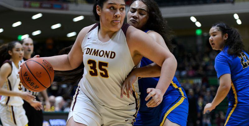 Dimond's Alissa Pili heads to the hoop in the second half. Dimond beat Bartlett, 62-57, in the 4A state championship basketball game on March 23, 2019. (Marc Lester / ADN)
