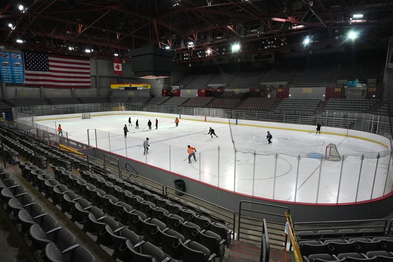 The Alaska Wolves U16 hockey team practiced on the Olympic-sized ice rink in the Sullivan Arena on Sunday, Jan. 28, 2024. (Bill Roth / ADN)
