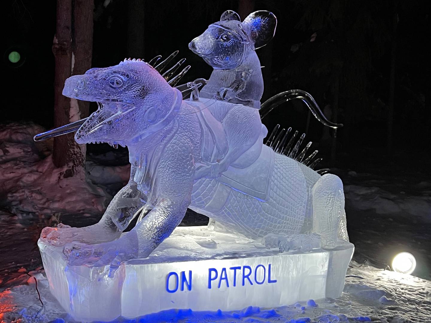 A fantastical ice carving by Steve and Heather Brice, on display at the Ice Alaska park in Fairbanks