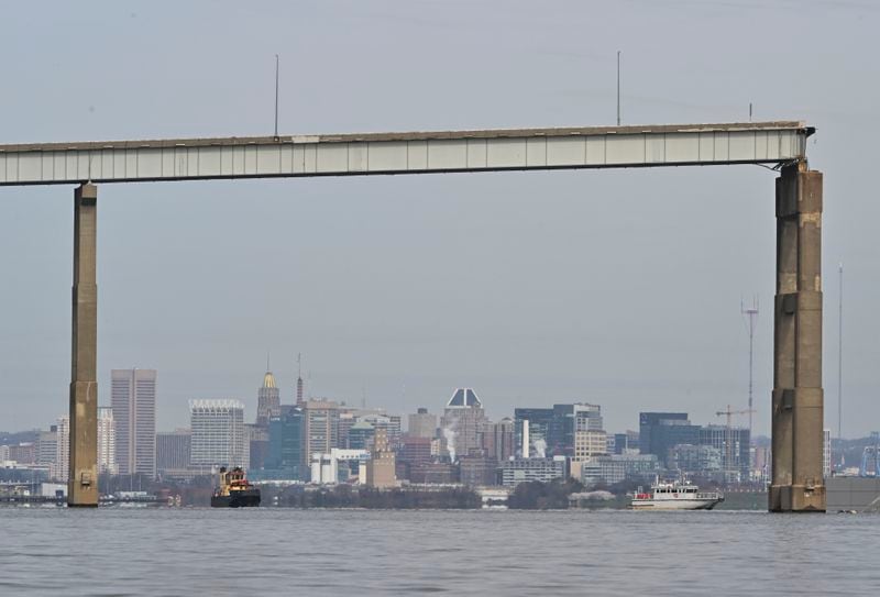 A remaining section of the Francis Scott Key Bridge in Baltimore after it collapsed when a cargo ship hit a support structure. MUST CREDIT: Ricky Carioti/The Washington Post