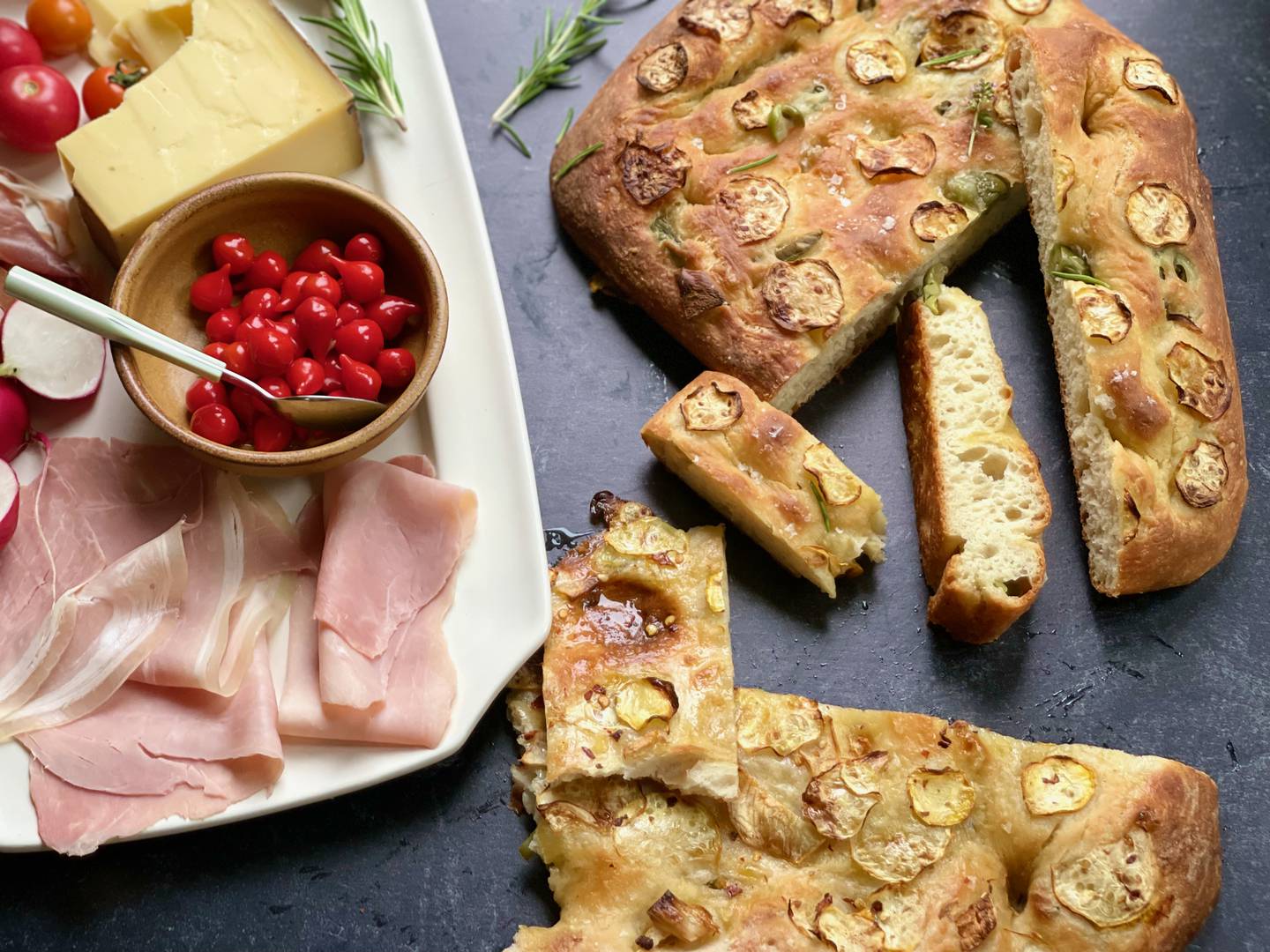 Summer squash focaccia with olives
