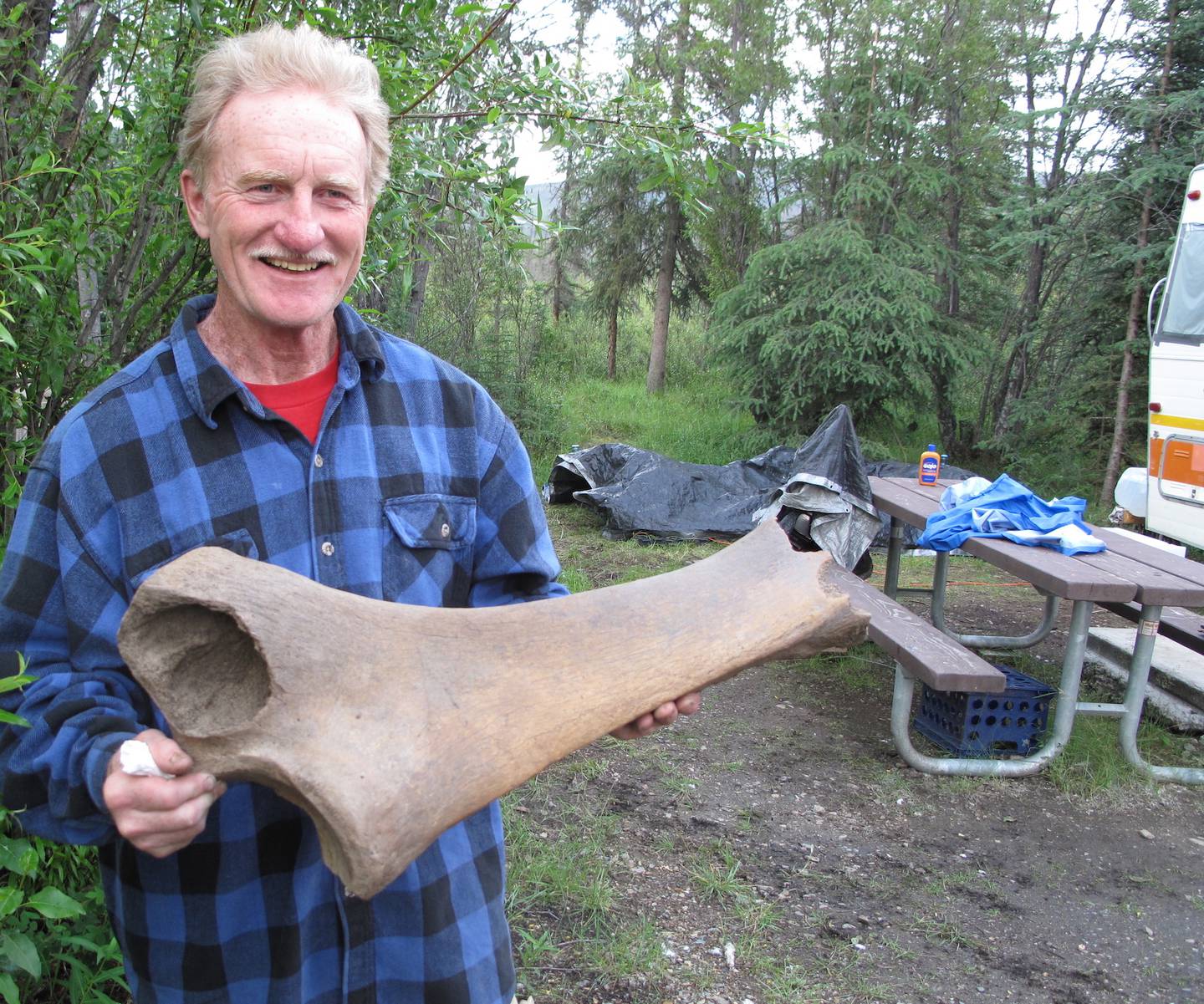 A gold miner holds a woolly mammoth femur he found as he worked frozen ground in the Fortymile River mining district