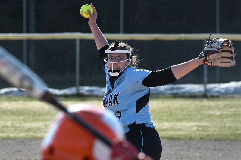Chugiak senior Karlee Transburg winds up while pitching during the Mustangs' 16-0 victory over West High Eagles at the Chuck Albrecht Softball Complex in May 2023. (Bill Roth / ADN)