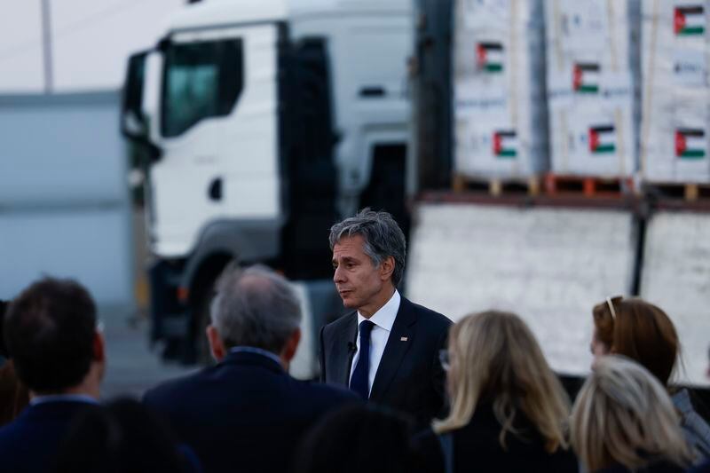 U.S. Secretary of State Antony Blinken speaks to the press during a visit to a warehouse with humanitarian aid bound for Gaza, at the Jordanian Hashemite Charity Organization in Amman, Jordan, Tuesday, April 30, 2024. (Evelyn Hockstein/Pool Photo via AP)