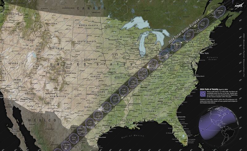 The total solar eclipse will be visible along a narrow track stretching from Texas to Maine on April 8, 2024. A partial eclipse will be visible throughout all 48 contiguous U.S. states. (NASA)