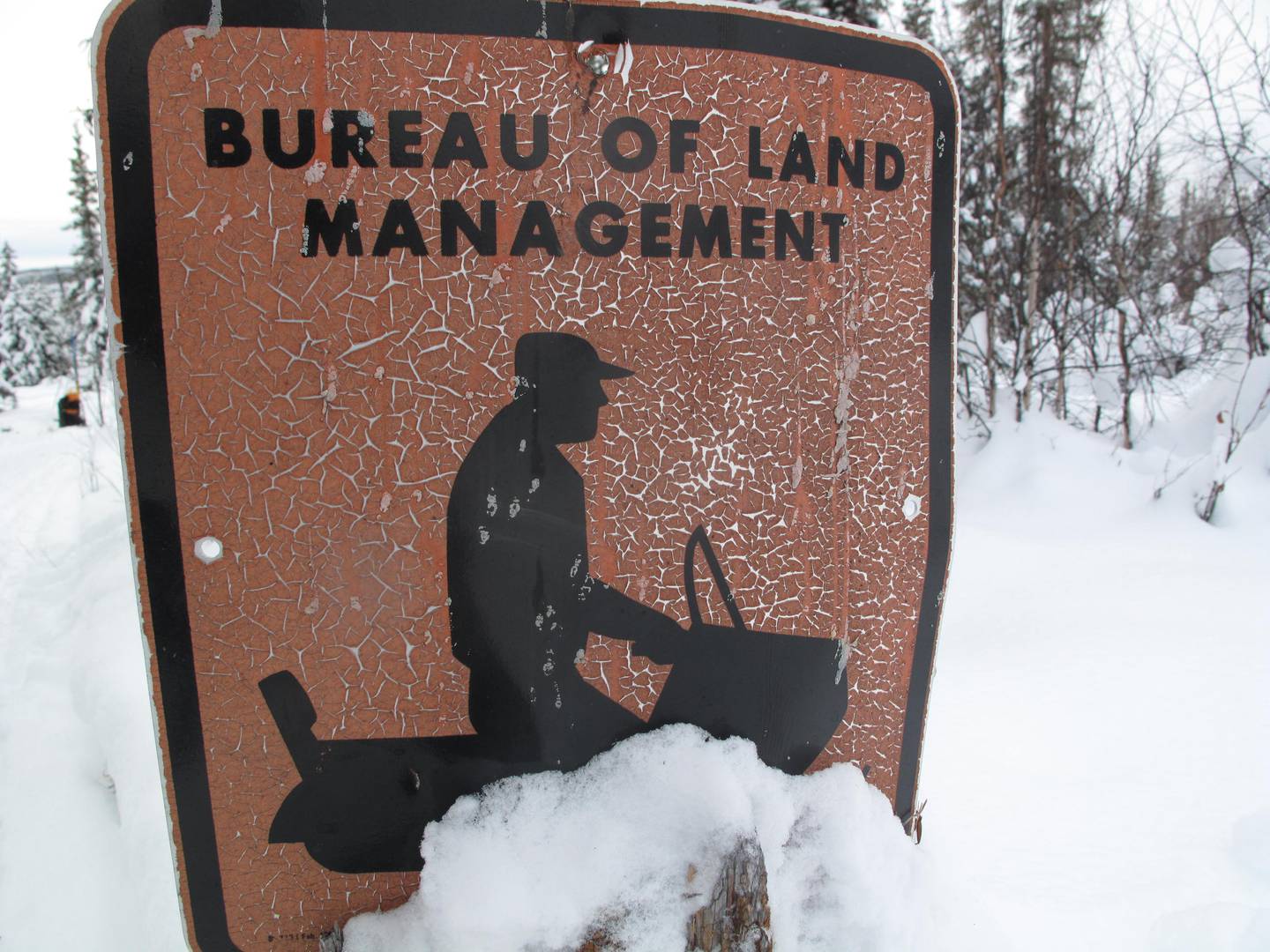 A Bureau of Land Management sign for snow machine riders