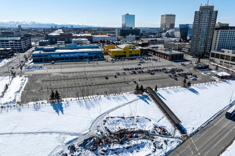 Downtown Anchorage's Chinook Parking Lot, photographed on Monday, April 8, 2024, is one of three options under consideration for the future People Mover transit center. (Loren Holmes / ADN)