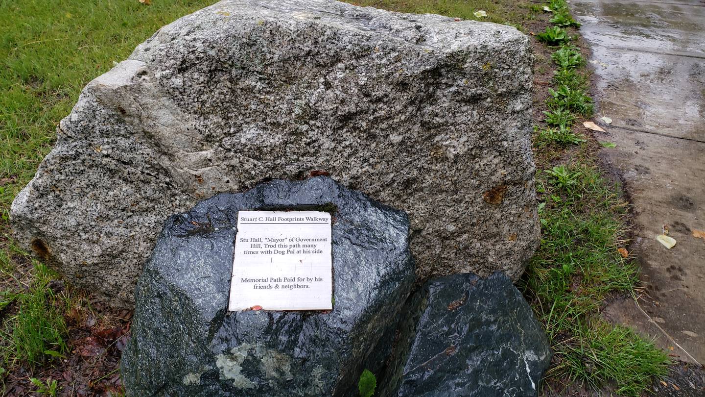 The stone memorial for Stuart “Stu” Hall in Brown's Point Park