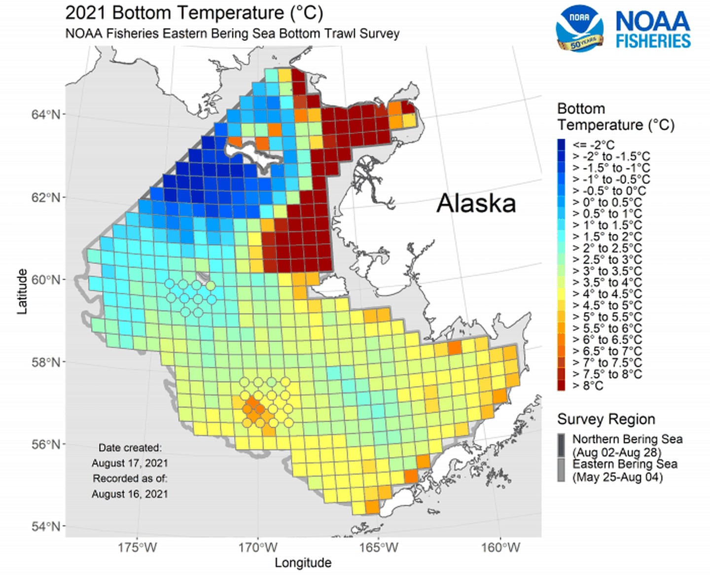 A graphic of bottom temperatures in the Bering Sea from NOAA Fisheries.