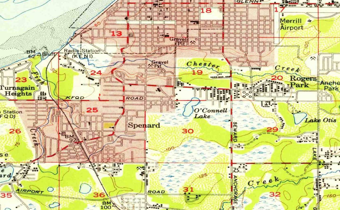 A 1953 USGS map of Anchorage, centered on Blueberry Lake/O'Connell Lake