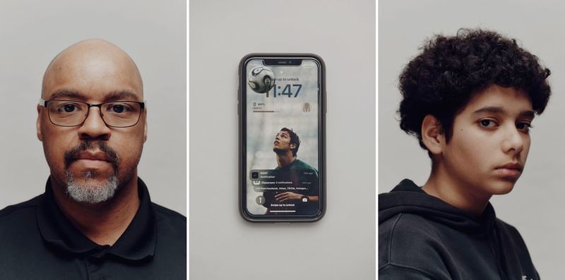 Assistant Principal Raymond Dolphin spearheaded the push to ban cellphones. Student Amar Akasha, right, and his phone. (Tony Luong for The Washington Post)