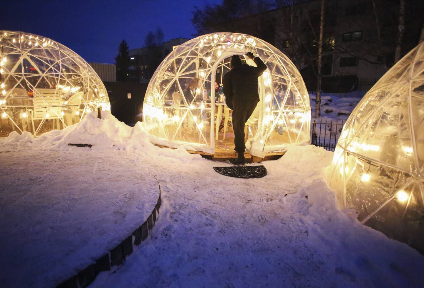 Inlet tower, outdoor dining, covid, pandemic, winter, lights, bubble domes
