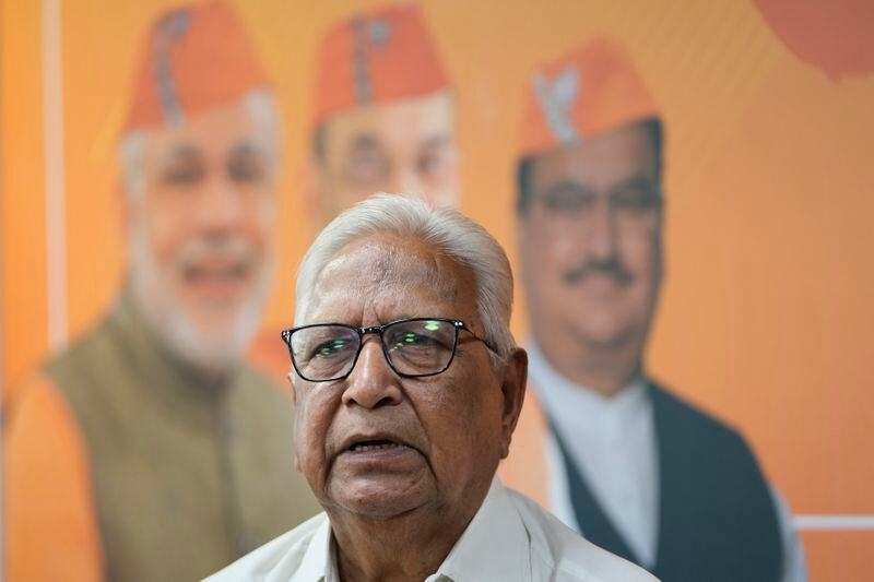 India's ruling Bharatiya Janata Party (BJP) worker Ambalal Koshti, 76, speaks during an interview with The Associated Press at BJP's Gujarat state head quarters in Gandhinagar, India, April 8, 2024. (AP Photo/Ajit Solanki)