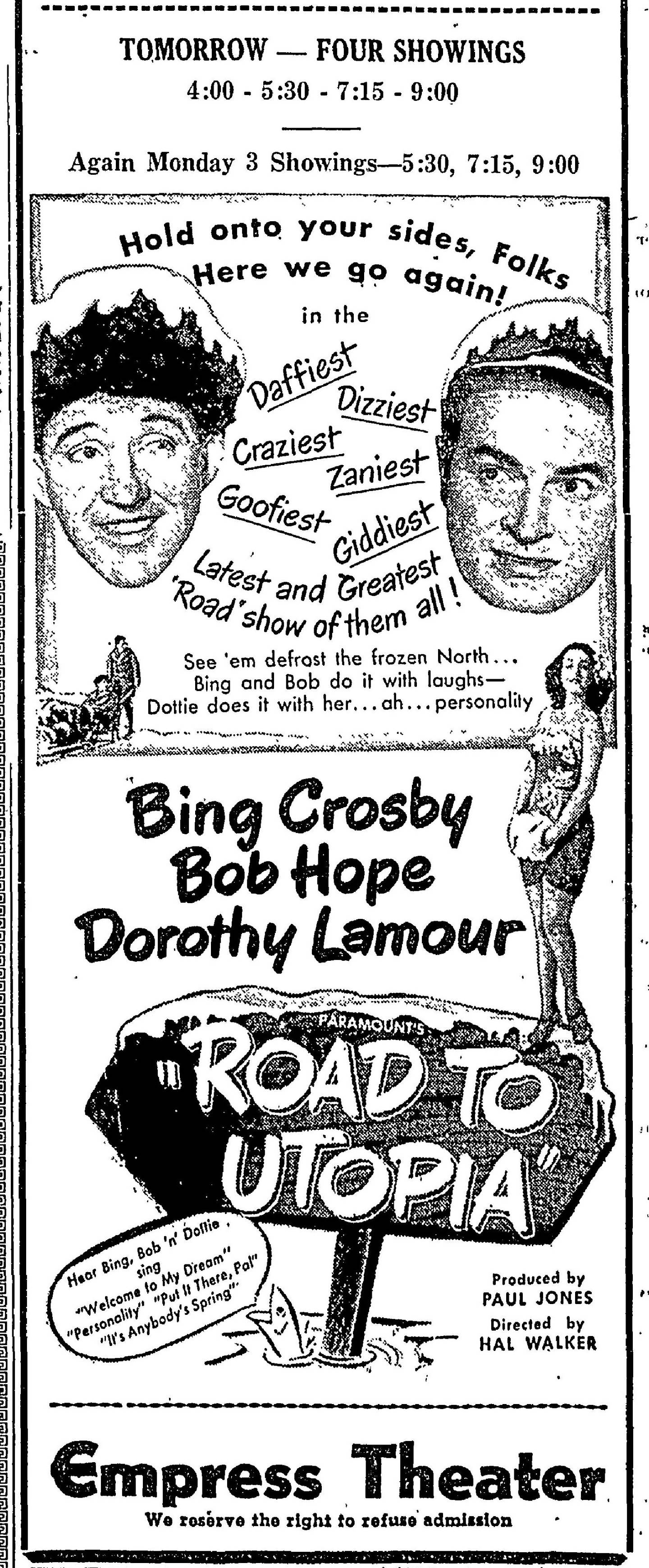 Plakat do filmu Bob Hope 1945 "Droga do utopii" z Bingiem Crosbym