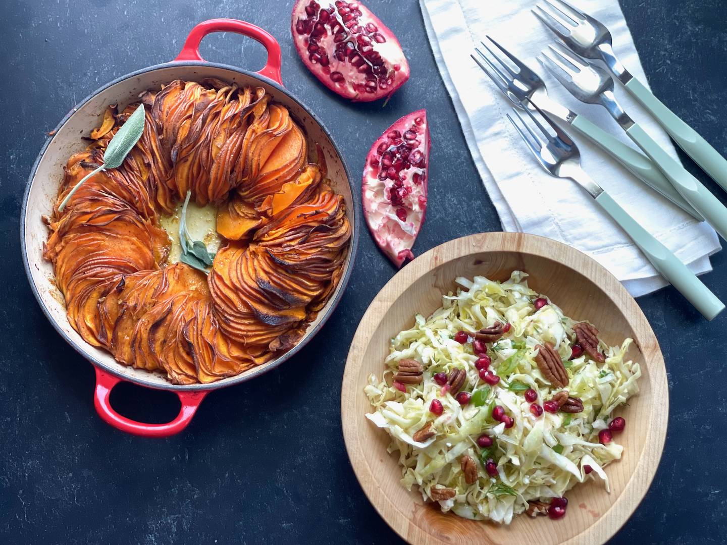 Two holiday vegetable side dishes, including roasted sweet potato and orange and green slaw with feta, dill and pomegranate