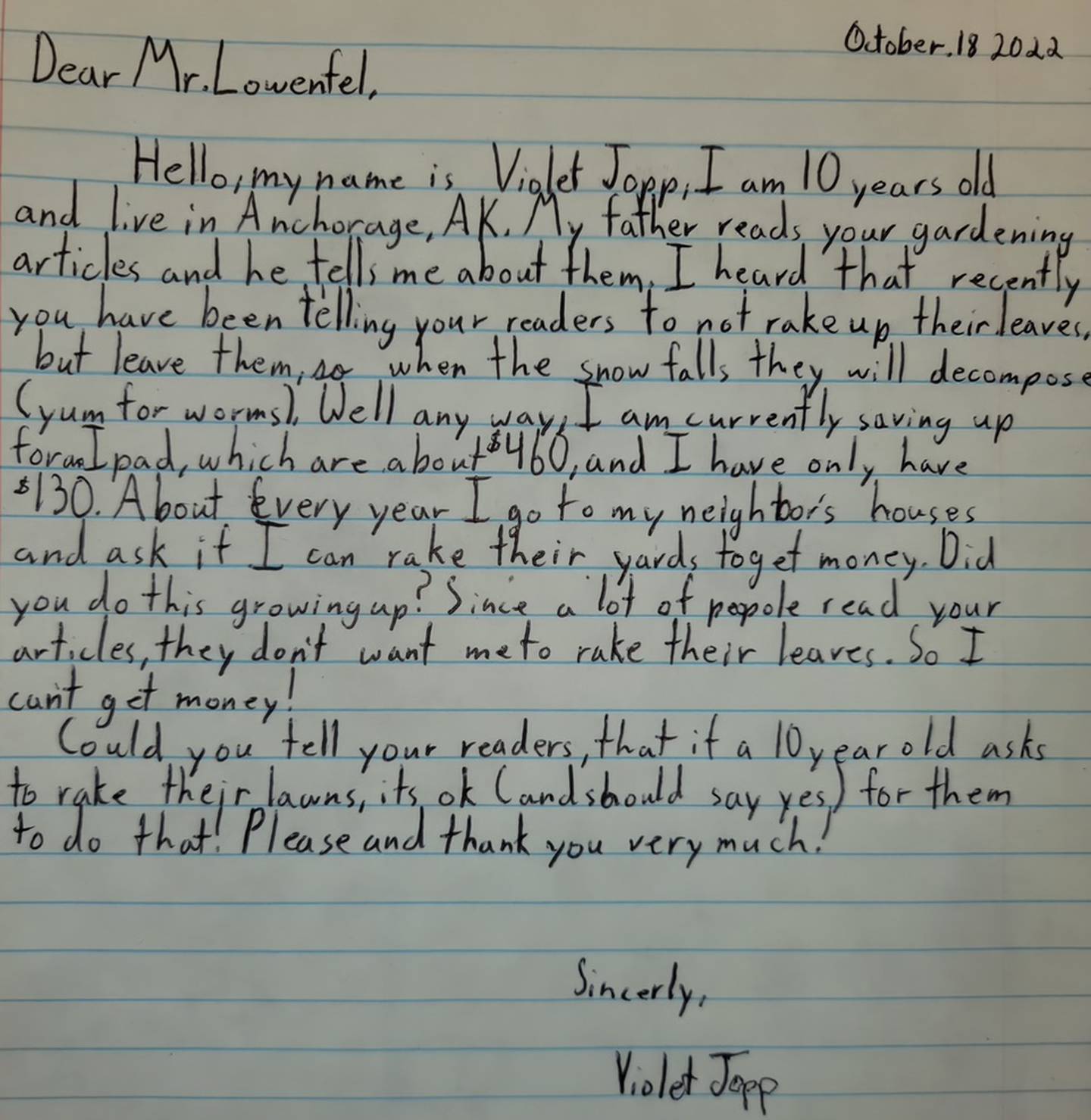 A letter from Anchorage 10-year-old Violet Jopp to gardening columnist Jeff Lowenfels