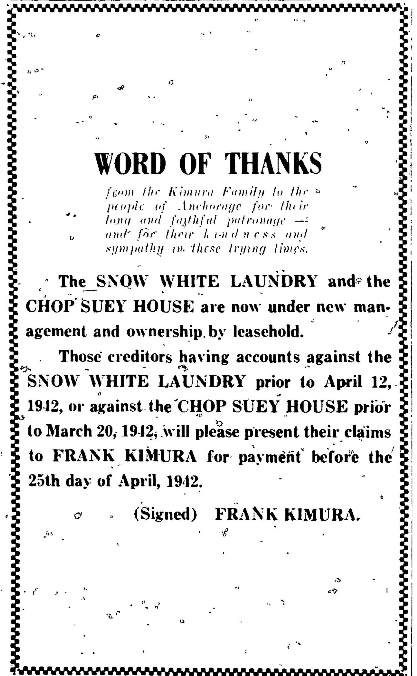 A thank you letter from Frank Kimura in the form of an advertisement in the April 22, 1942 edition of the Anchorage Daily Times
