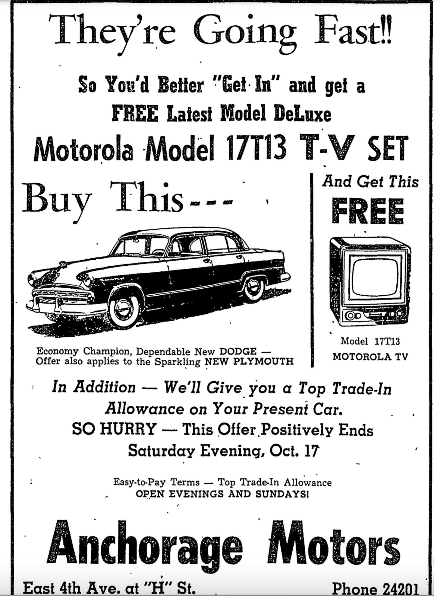 October 14, 1953, advertisement in the Anchorage Daily Times