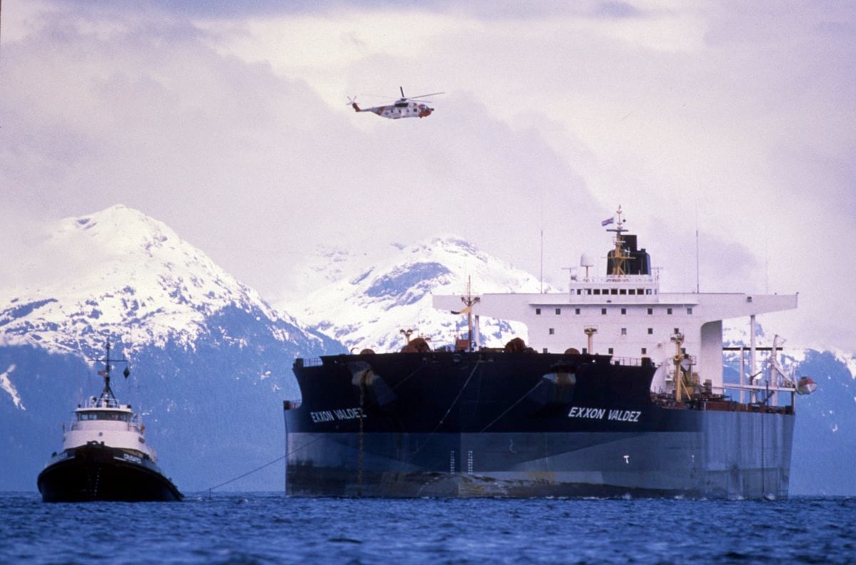 The Exxon Valdez is refloated and towed away from Bligh Reef Wednesday, April 5, 1989. The tugs towed the damaged ship toward Naked Island for preliminary repairs. (Erik Hill / ADN archive 1989)