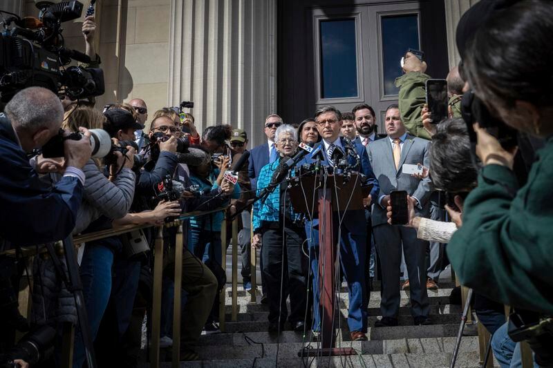 Speaker of the House Mike Johnson, R-La., speaks to the media on the Lower Library steps on Columbia University's campus in New York, on Wednesday, April 24, 2024. (AP Photo/Stefan Jeremiah)