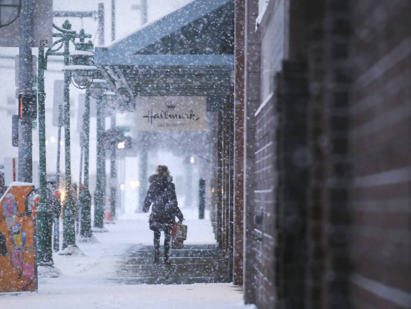 snowstorm, walking, downtown, fifth avenue