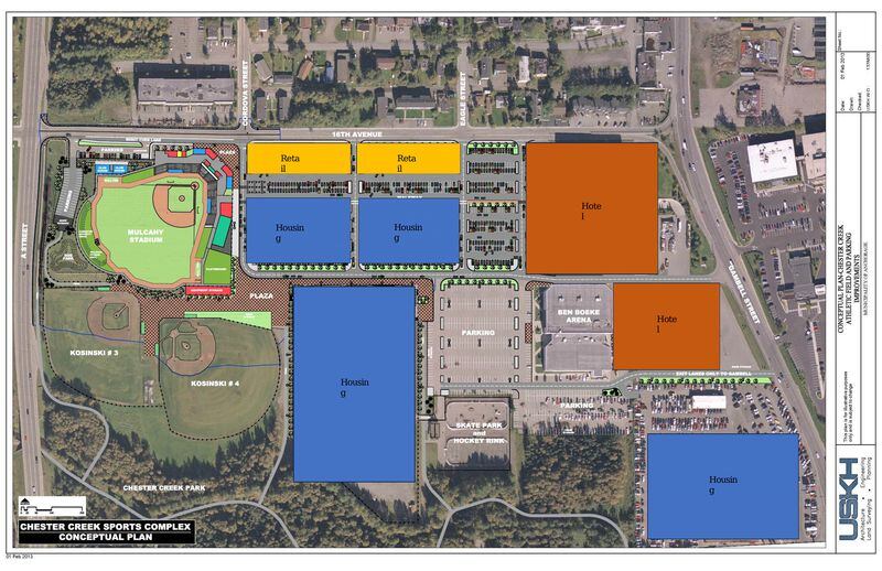 This image showing a conceptual plan to relocate and rebuild Mulcahy Stadium and open up land for residential, retail and hotel development, one of several proposals being pitched by the Alliance for the Support of American Legion Baseball in Anchorage, was included in a slideshow presentation from the group. (Image courtesy the Alliance for the Support of American Legion Baseball in Anchorage)