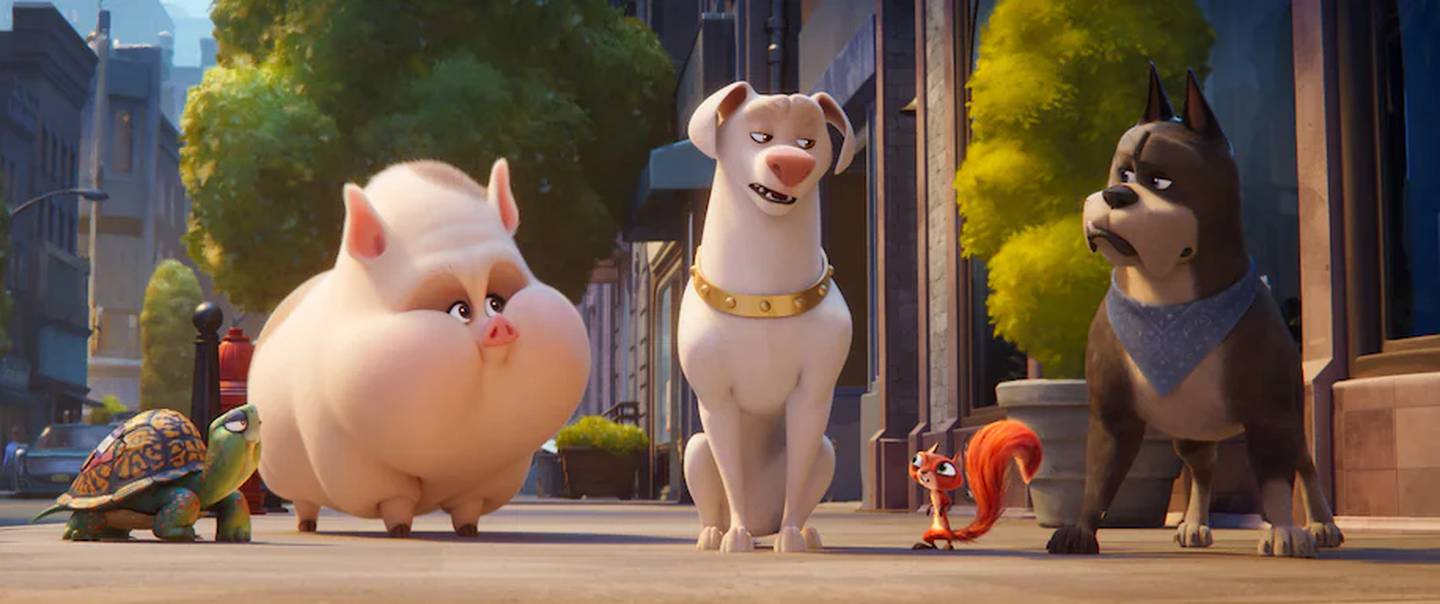 From left, Merton (voice of Natasha Lyonne), PB (Vanessa Bayer), Krypto (Dwayne Johnson), Chip (Diego Luna) and Ace (Kevin Hart) in “DC League of Super-Pets.” (