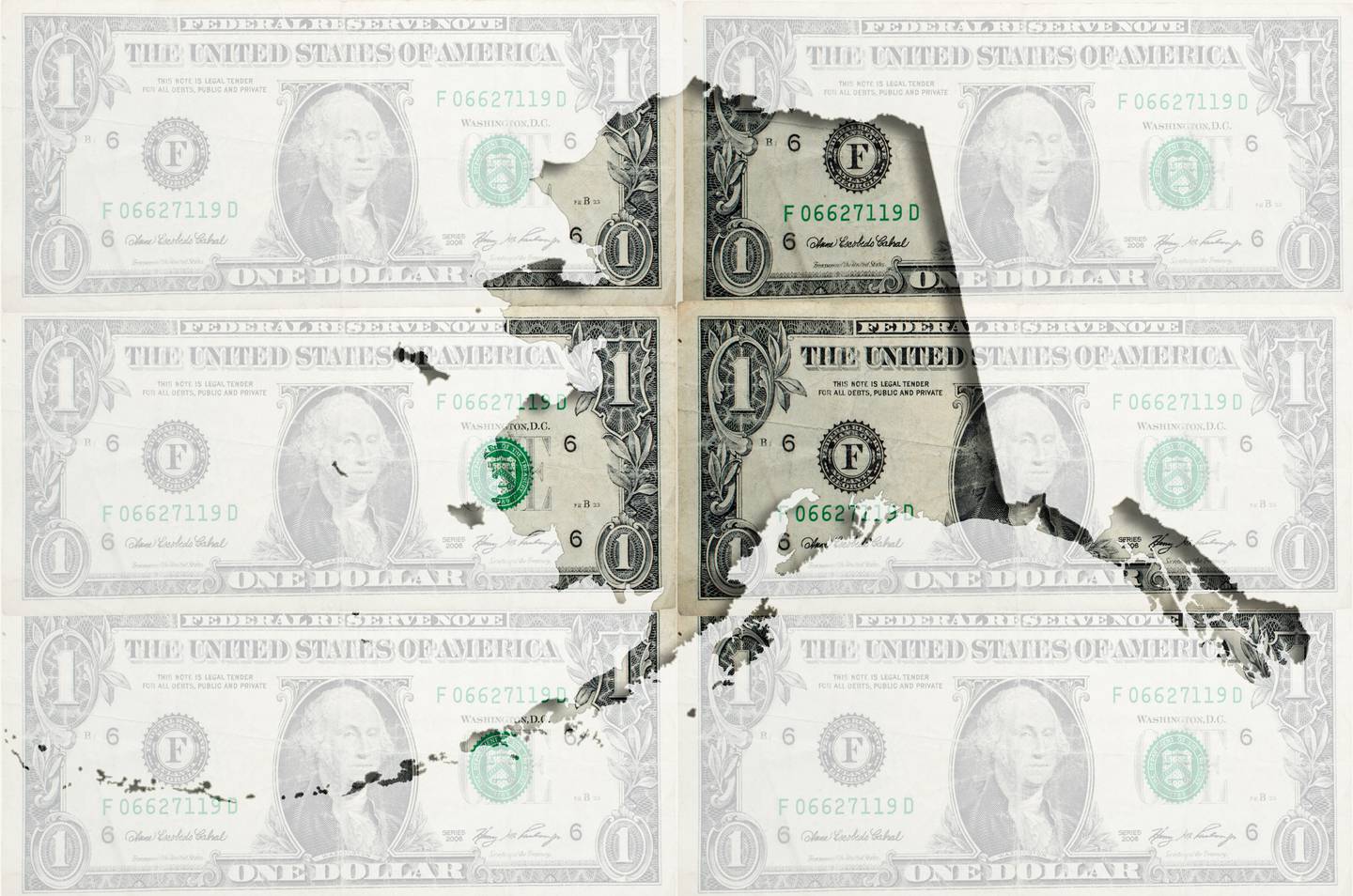 Outline map of alaska with transparent dollar bills, funding, economy, recession, money