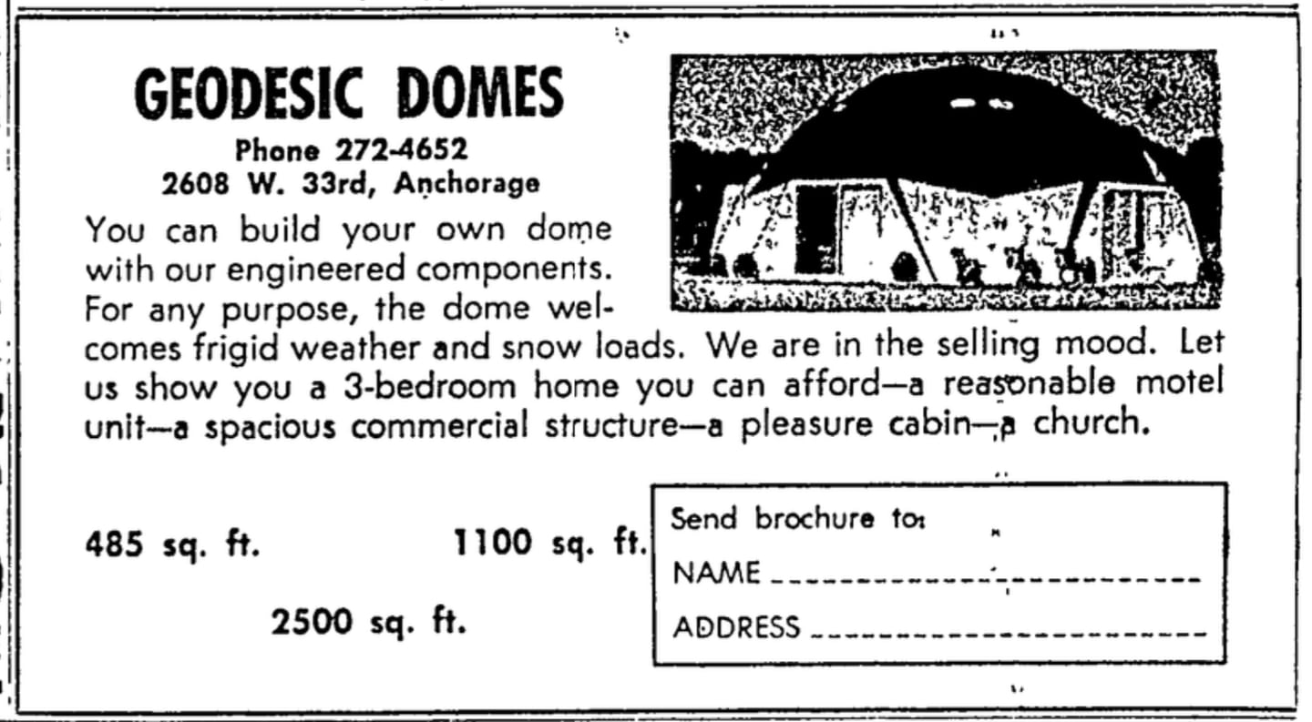 A newspaper advertisement for an Anchorage business selling geodesic domes